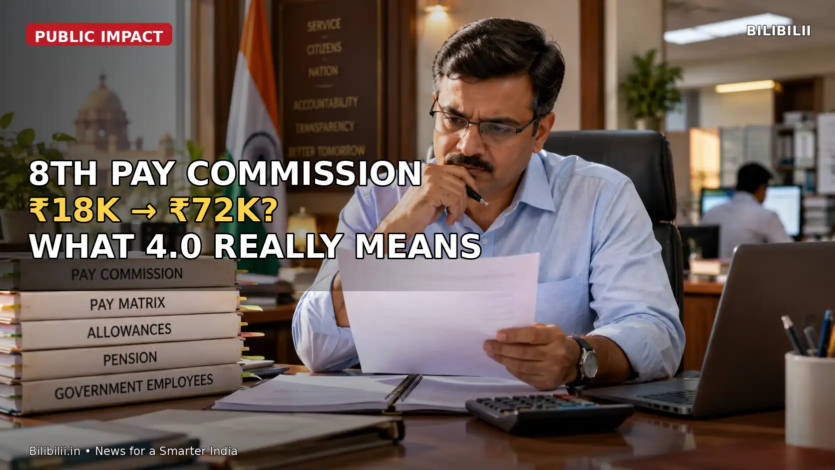 8th Pay Commission salary and pension discussion with government employee reviewing pay documents