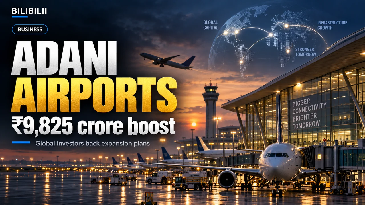Bilibilii editorial illustration for Adani Airports Raises ₹9,825 Crore From Global Investors — Here’s What the Money Is For