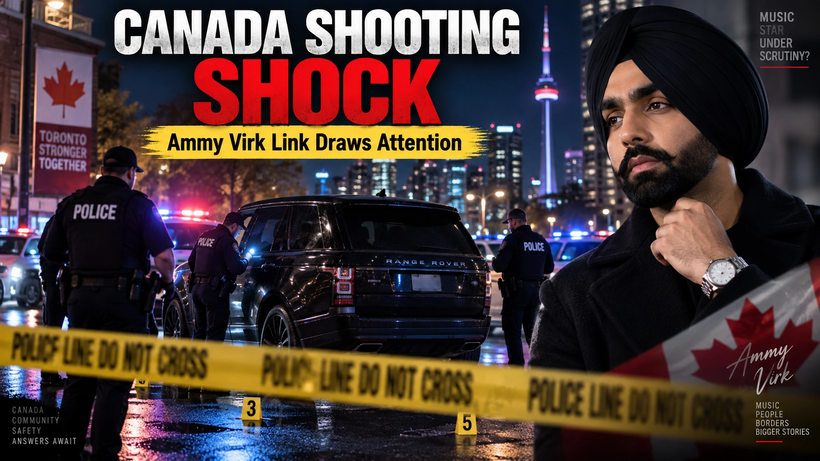 Bilibilii editorial graphic for: Shots Fired at Vehicle Linked to Ammy Virk After Canada Concert: What Police Have Confirmed
