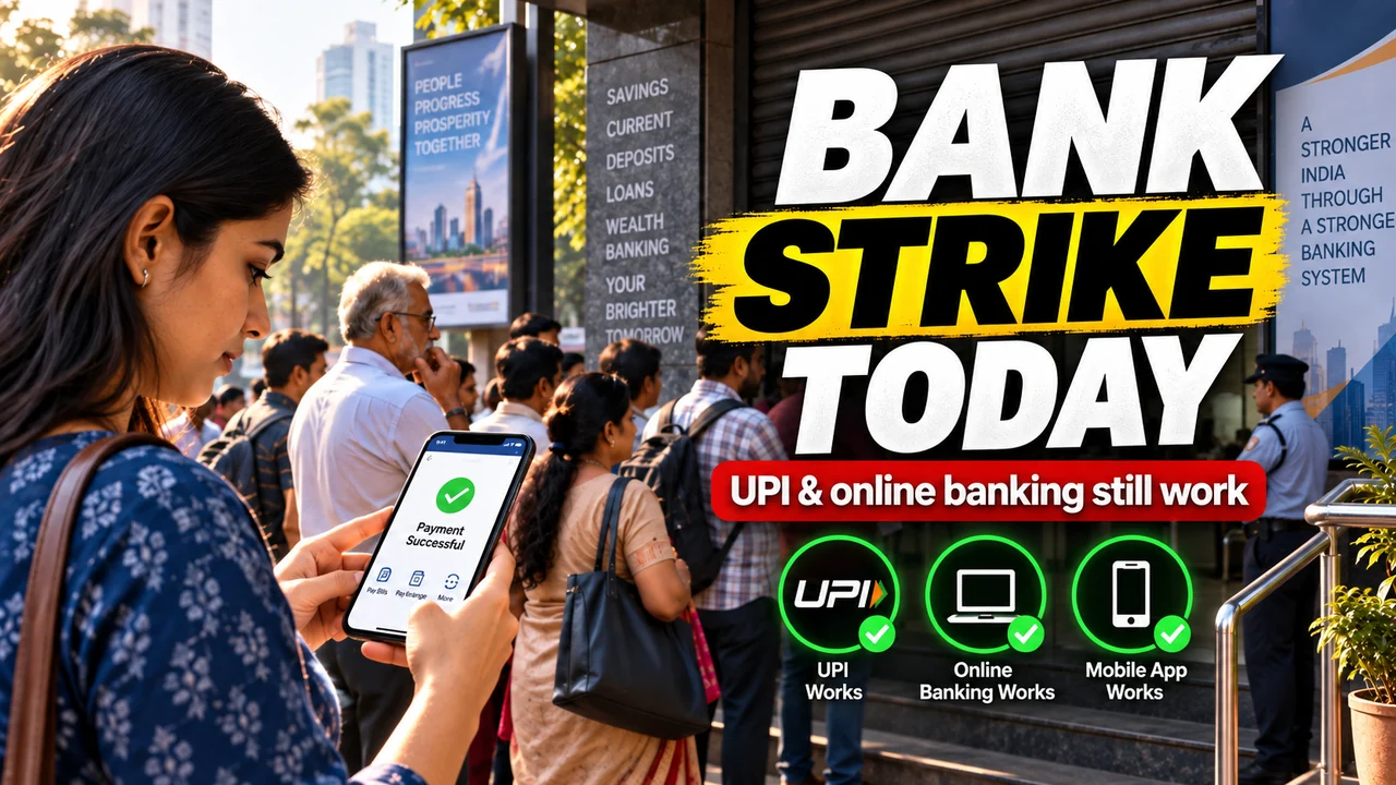 Bilibilii editorial illustration for Bank Strike Today: What Is Actually Closed, What Still Works, and Why Employees Are Protesting