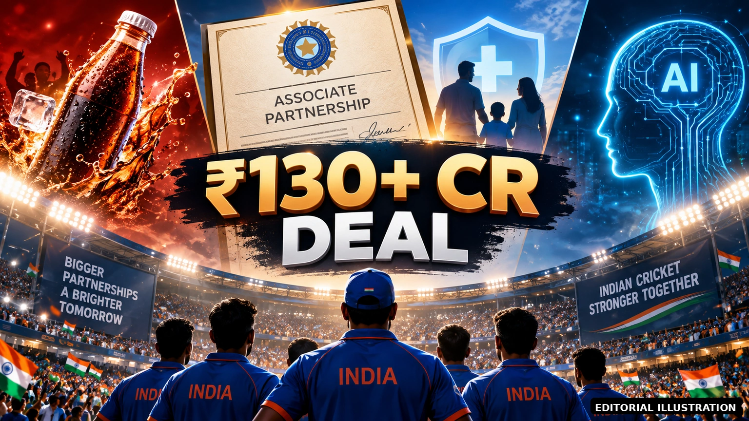 AI-generated editorial illustration for: BCCI’s New ₹130 Crore Partnership Has an AI Twist: ChatGPT Joins Campa and SBI Life