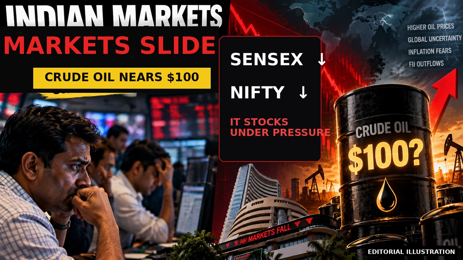 AI-generated editorial illustration for: Crude Near $100 Hits Indian Markets: Why Sensex, Nifty and IT Stocks Opened Lower