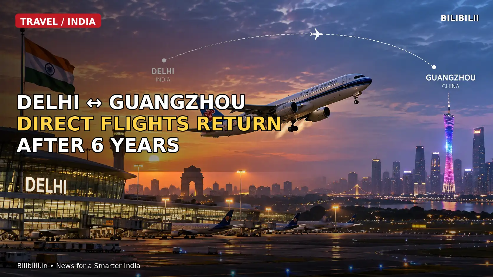 Passenger jet flying between Delhi and Guangzhou with India and China city skylines