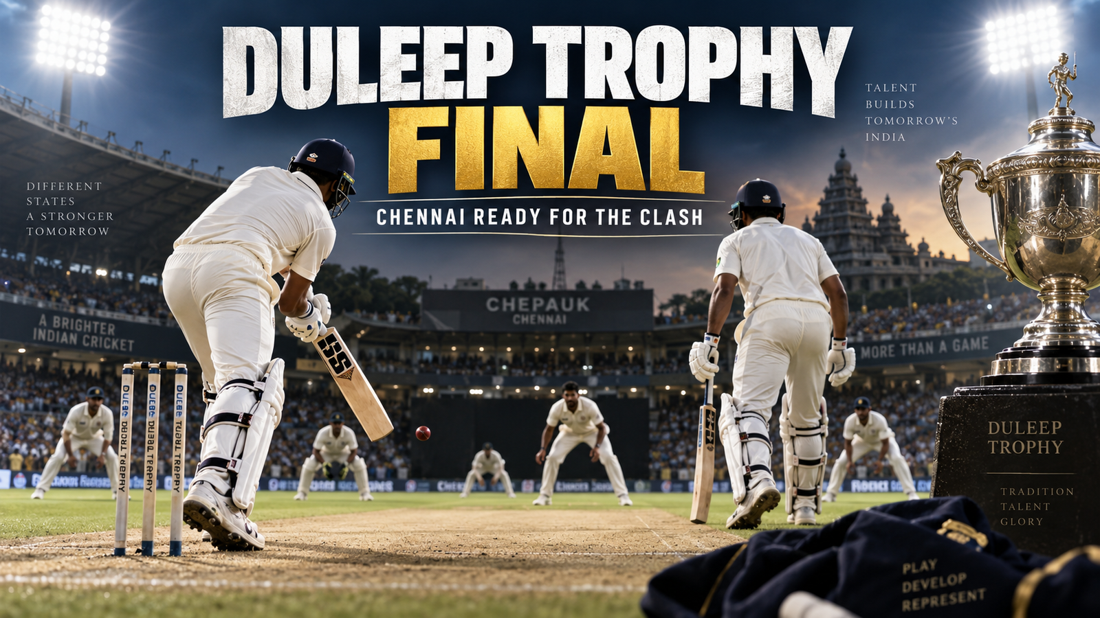 High-quality Duleep Trophy Final thumbnail showing Test-style cricket and trophy at Chepauk