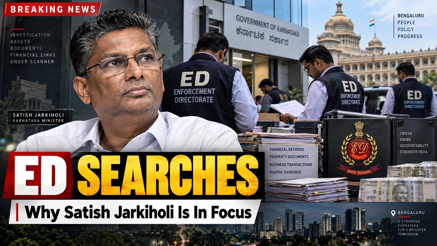 Bilibilii editorial graphic for: ED Searches Around 18 Premises Linked to Karnataka Minister Satish Jarkiholi, Daughter: What We Know