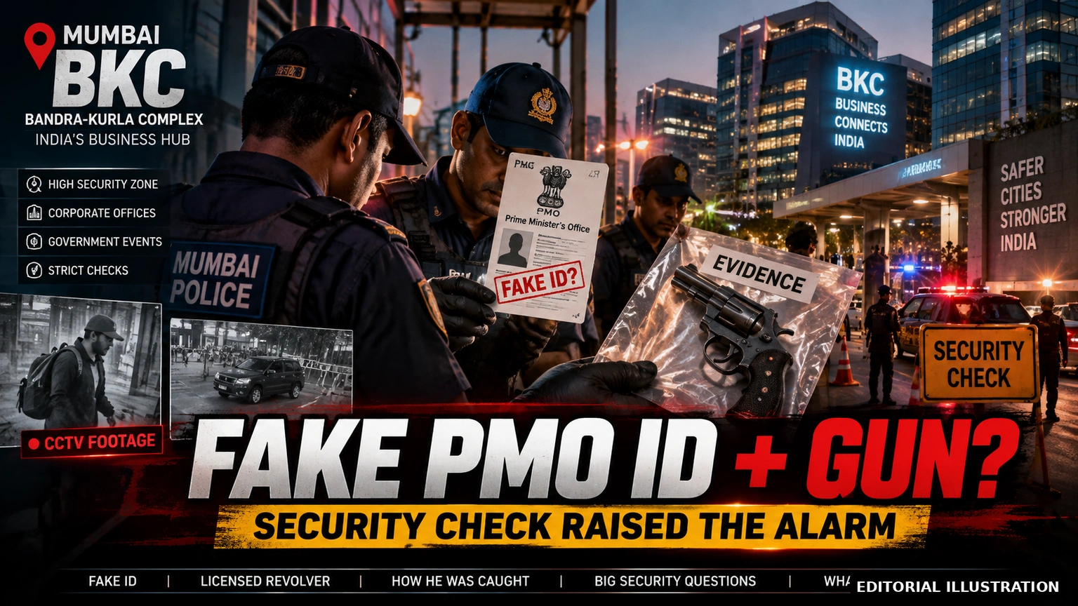 AI-generated editorial illustration for: Fake PMO ID, Licensed Revolver, BKC Entry Attempt: What Mumbai Police Say Happened