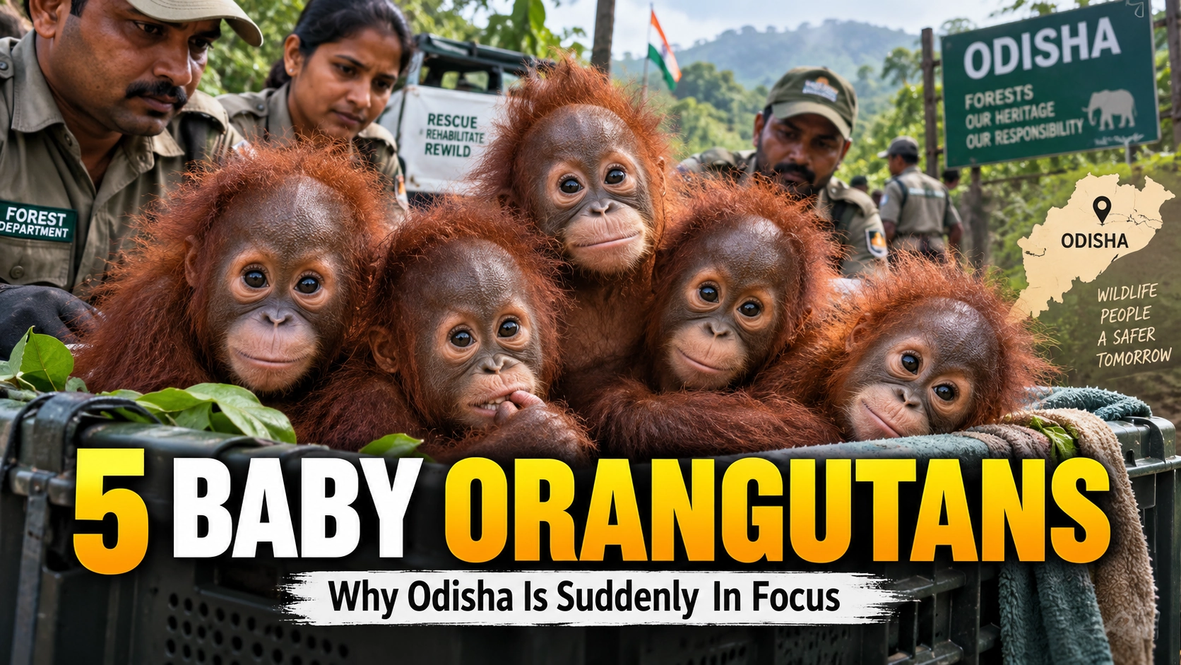 Bilibilii editorial graphic for: Five Baby Orangutans Found in an Odisha Forest: Why Officials Suspect Wildlife Smuggling