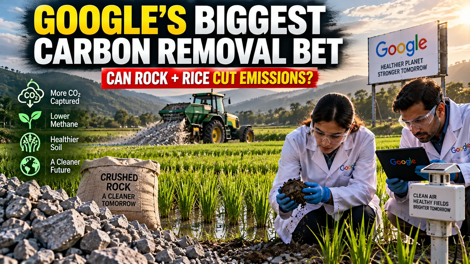 Google’s Biggest Carbon-Removal Bet Yet: Can Crushed Rock and Rice Fields Cut Emissions?