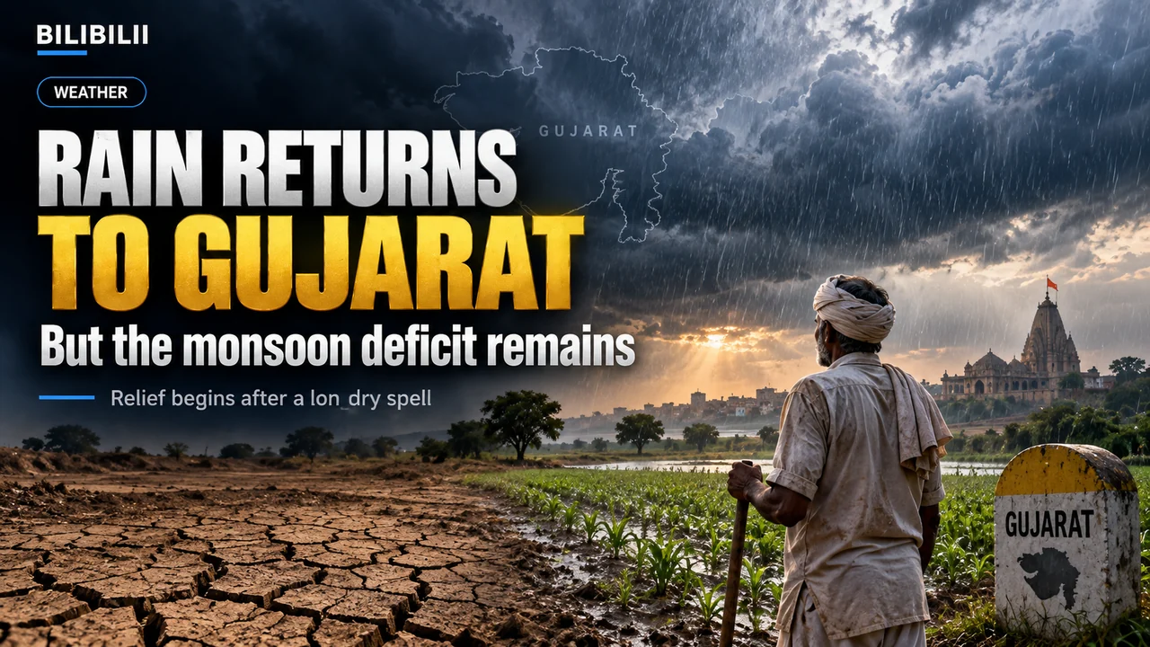 Bilibilii editorial illustration for Gujarat’s Rains Are Set to Return After a Three-Week Lull — But the Monsoon Deficit Is Still Serious