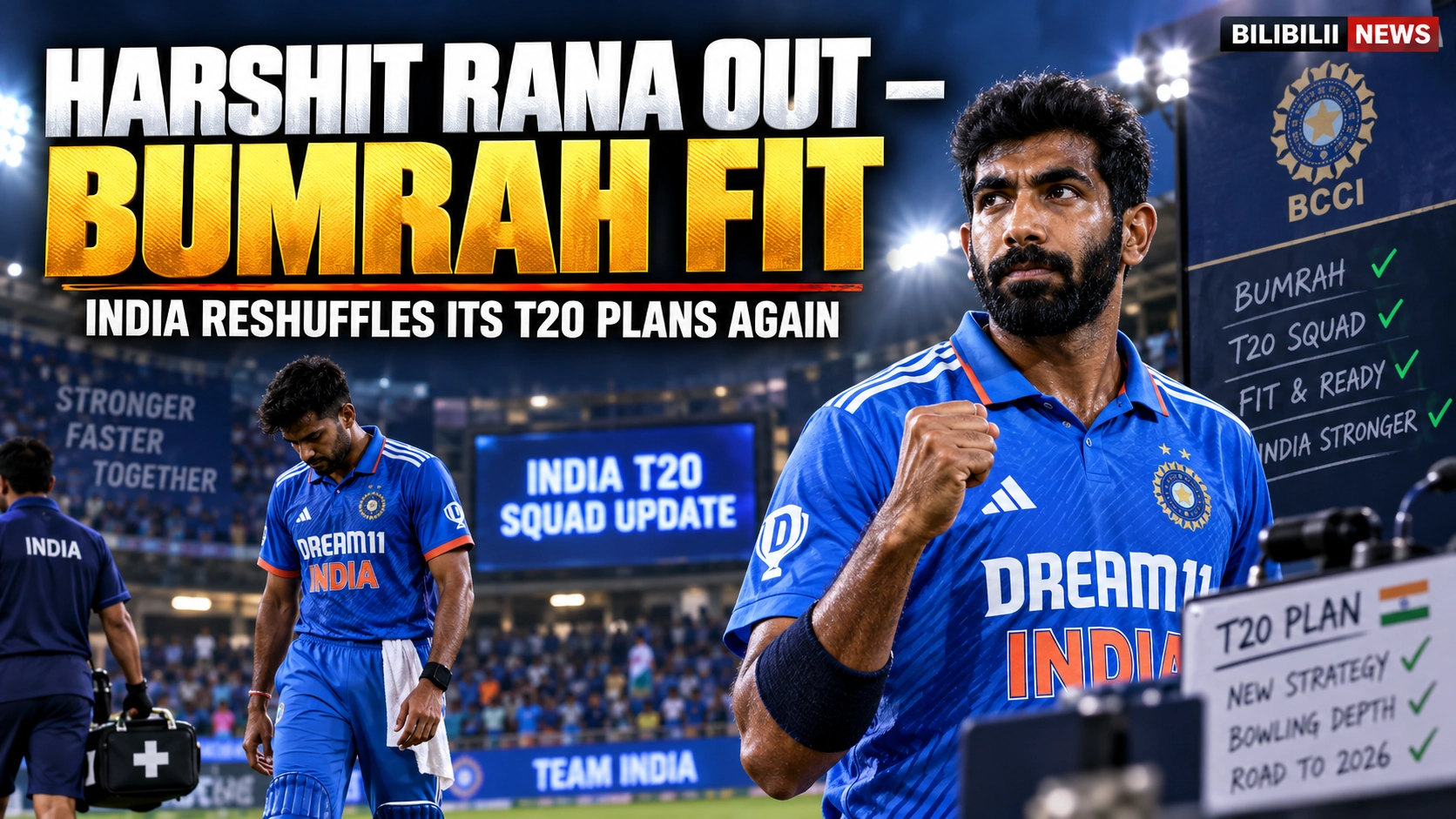 Bilibilii editorial thumbnail for Harshit Rana Ruled Out, Jasprit Bumrah Declared Fit — India’s T20 Plans Change Again