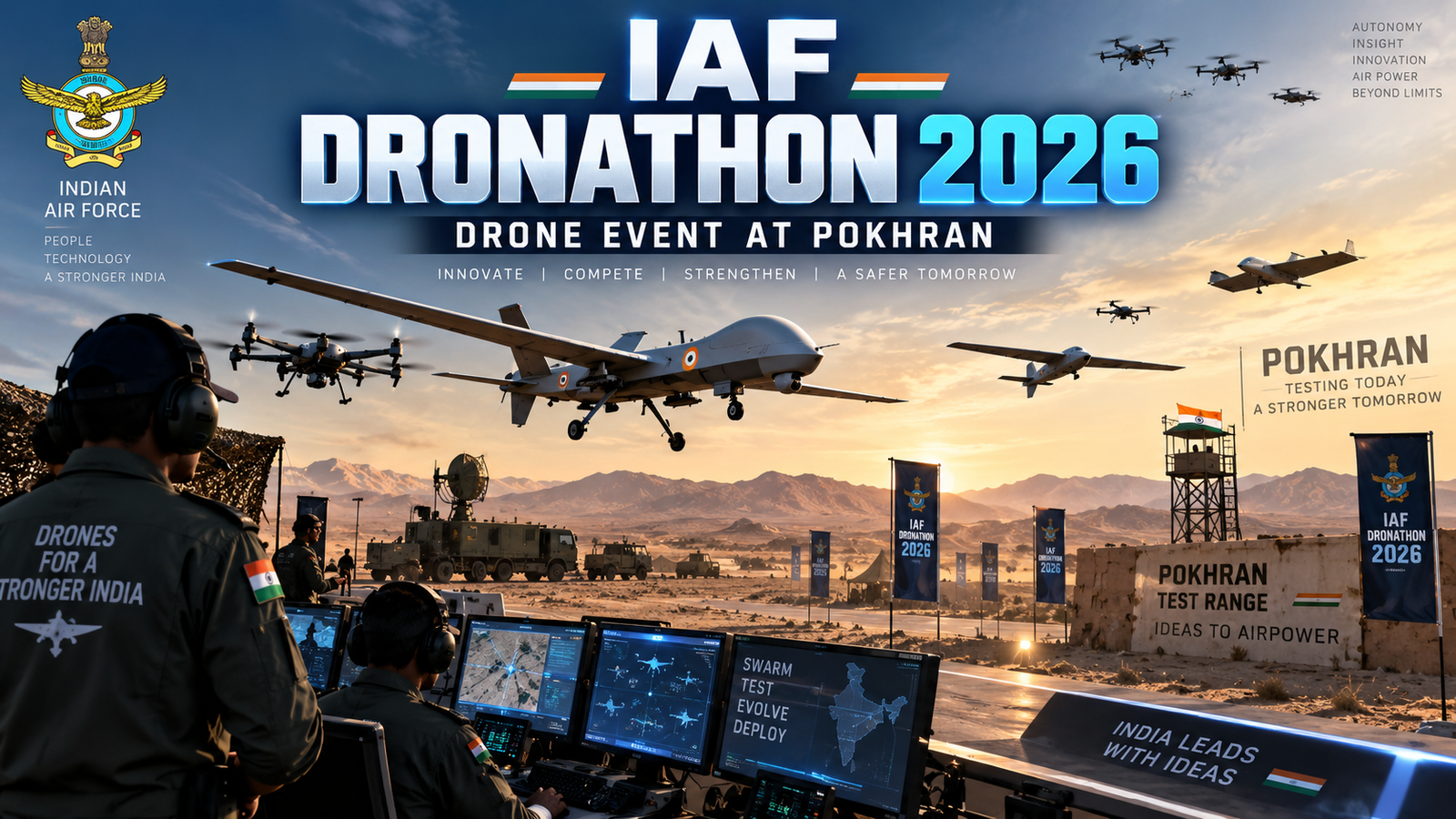 High-quality defence-tech thumbnail showing IAF Dronathon 2026 at Pokhran