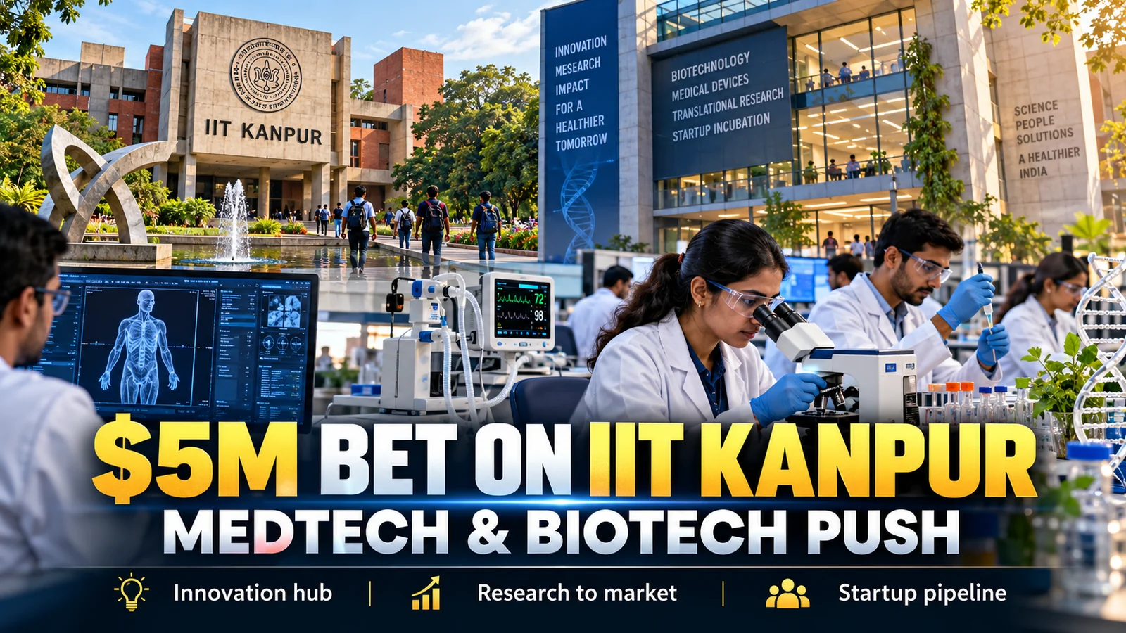 IIT Kanpur campus and biotechnology researchers working in a modern medical technology laboratory