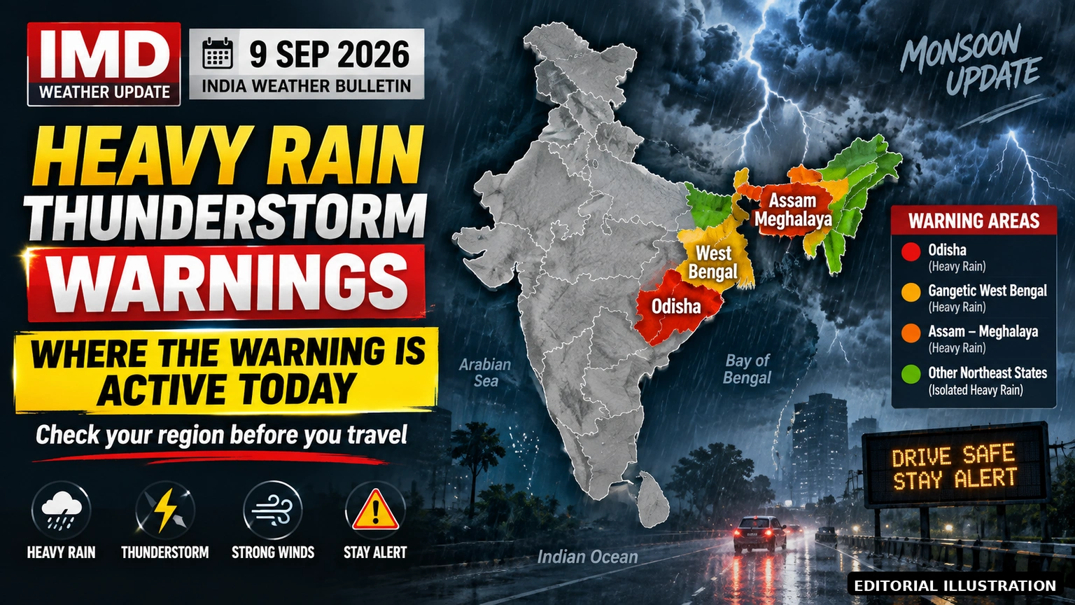 AI-generated editorial illustration for: Rain Alert Today: IMD Flags Odisha, Bengal and Northeast — Check Where Warnings Are Active
