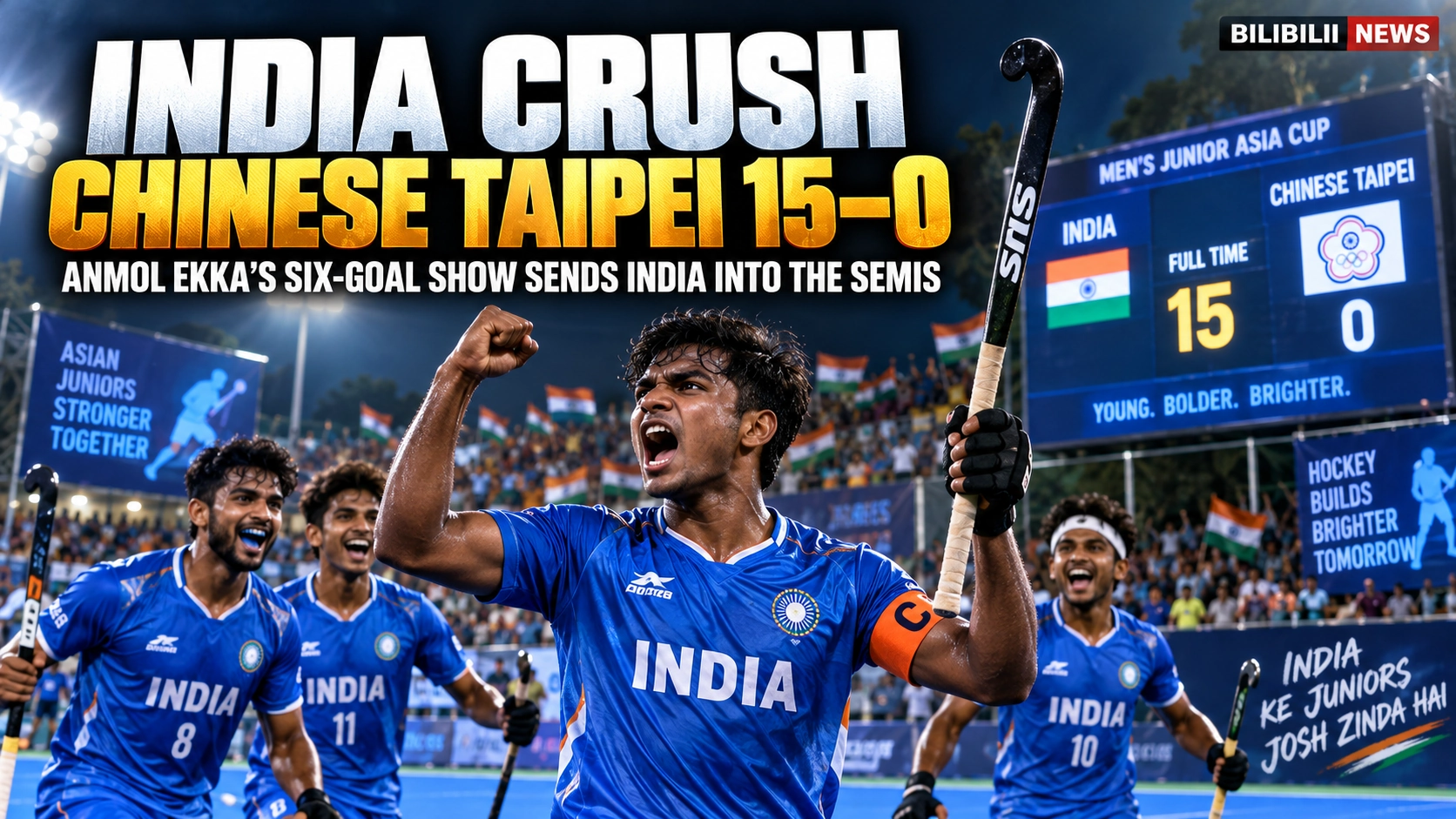 Bilibilii editorial thumbnail for India Thrash Chinese Taipei 15–0 — Anmol Ekka Scores Six as Junior Team Storms Into Semi-Finals