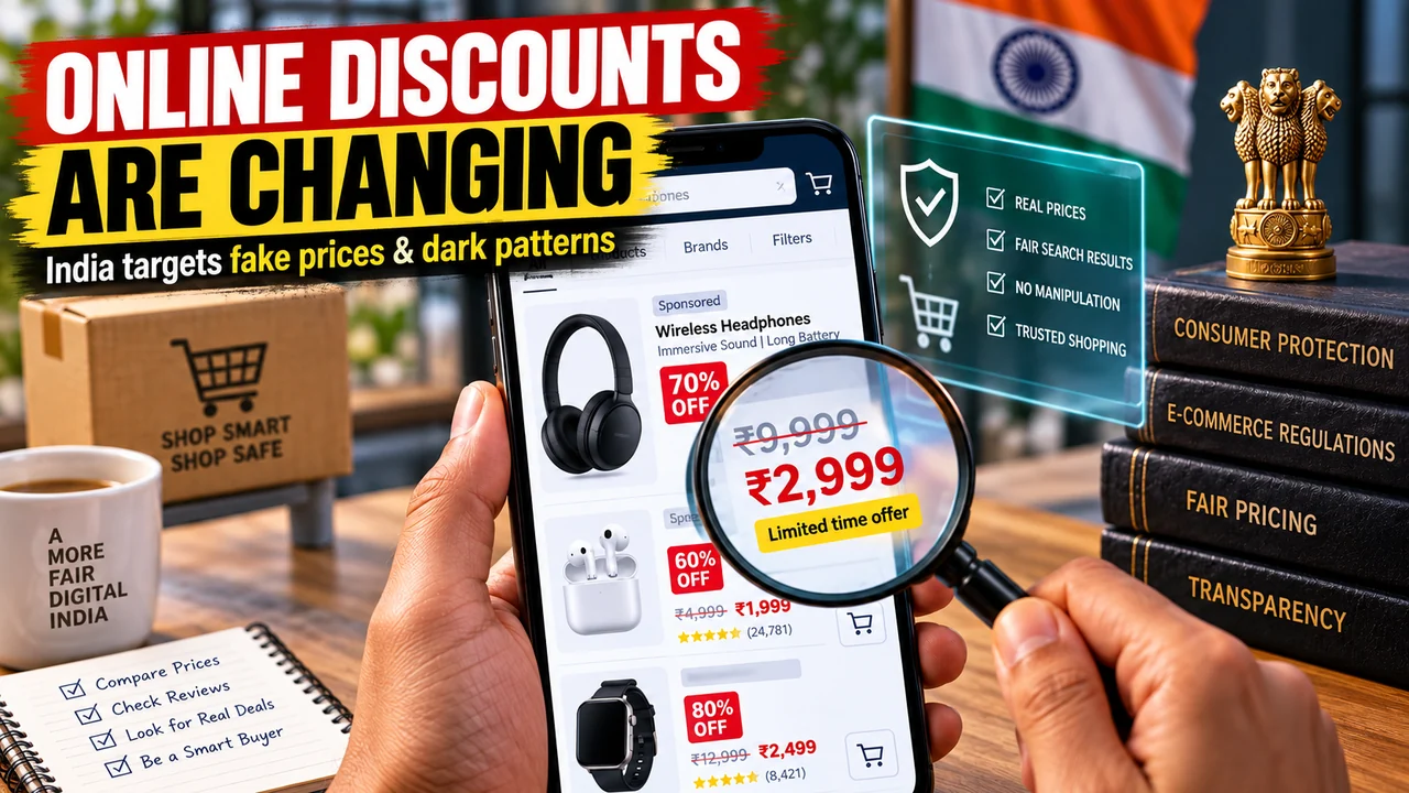 Bilibilii editorial illustration for Online ‘Discounts’ Are About to Change: India’s New E-Commerce Rules Target Fake Prices and Manipulated Search Results