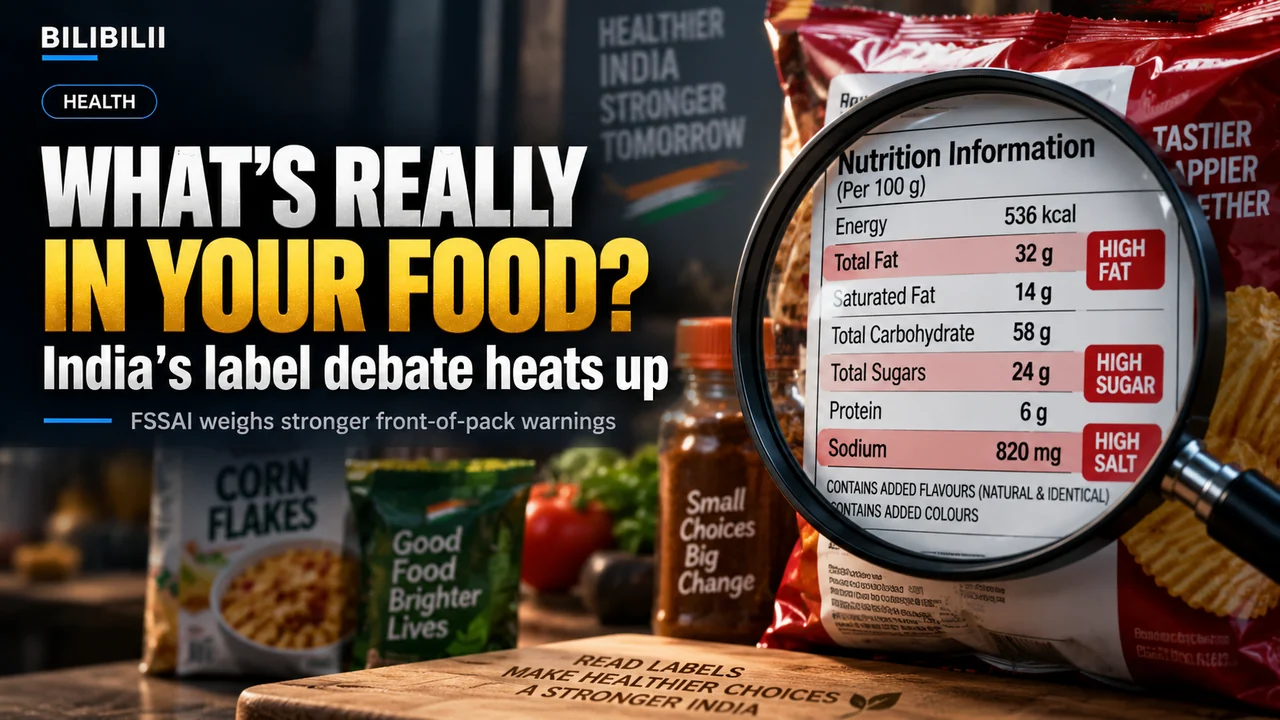 Bilibilii editorial illustration for India’s Packaged-Food Labels Are Heading for a Reckoning — And Consumers May Finally See What’s Really Inside