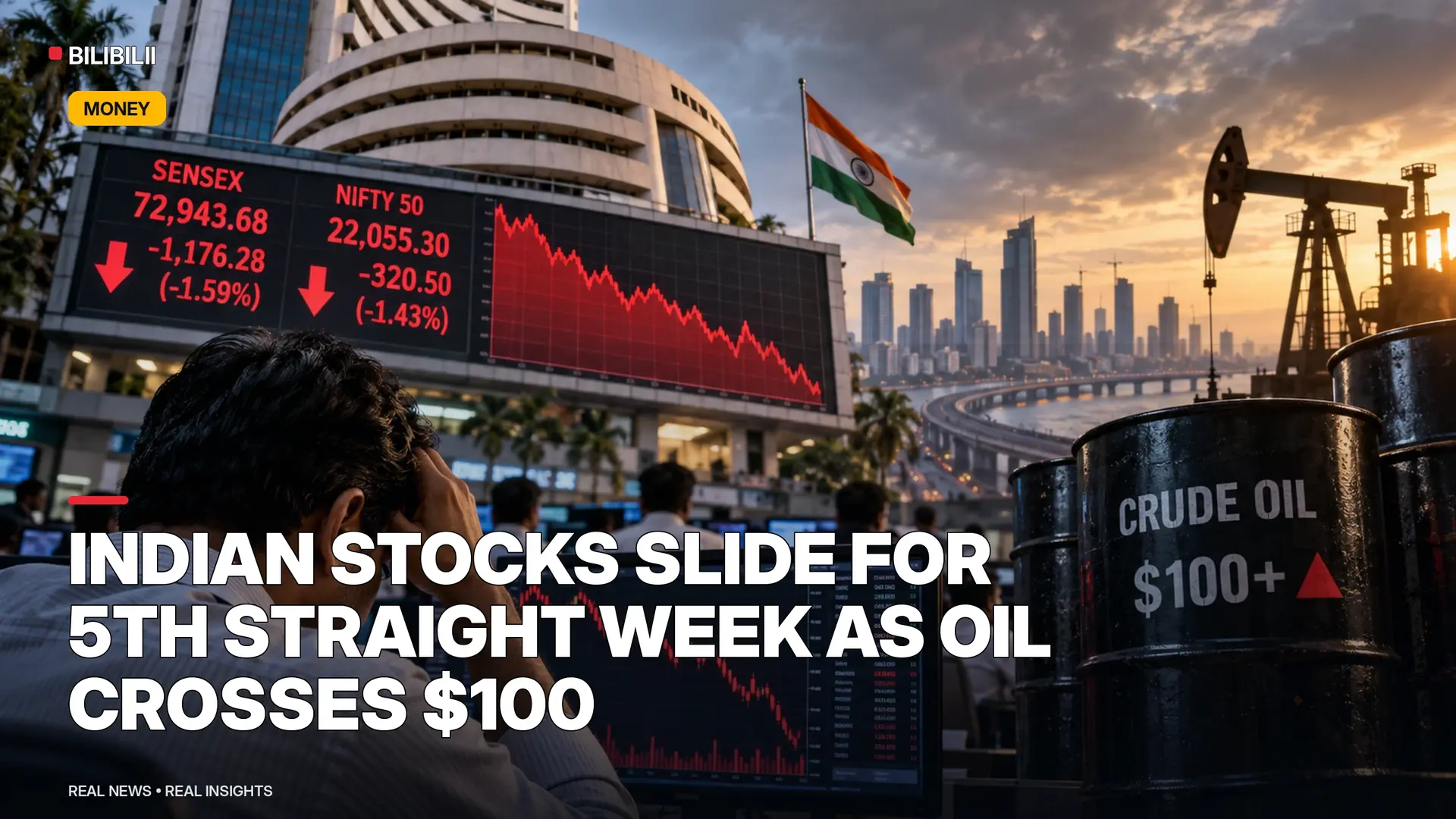 INDIAN STOCKS LOG A FIFTH STRAIGHT WEEKLY LOSS AS OIL ABOVE $100 RATTLES MARKETS