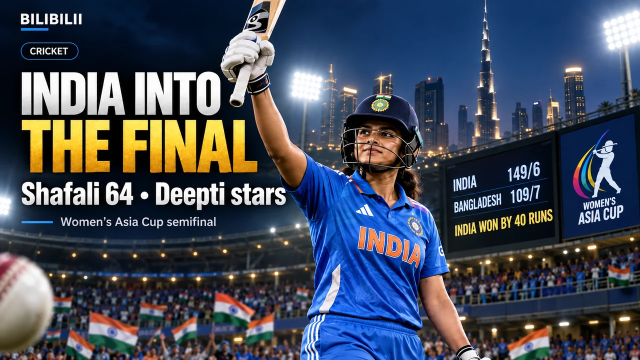Bilibilii editorial illustration for India Storm Into 10th Straight Women’s Asia Cup Final After Shafali Verma Sets the Tone