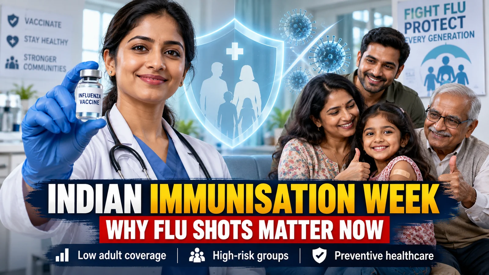Doctor holding an influenza vaccine during Indian Immunisation Week with an Indian family in a clinic