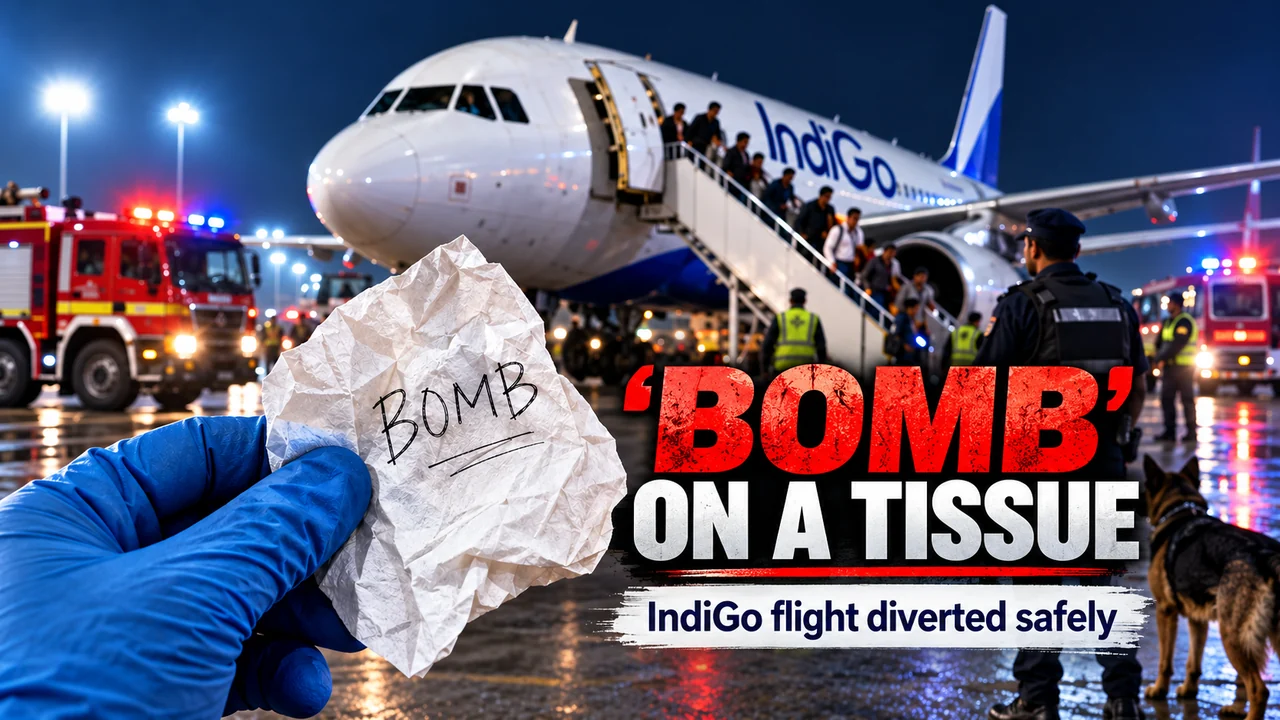 Bilibilii editorial illustration for ‘Bomb’ Written on a Tissue: Why an IndiGo Flight Was Forced to Make an Emergency Landing