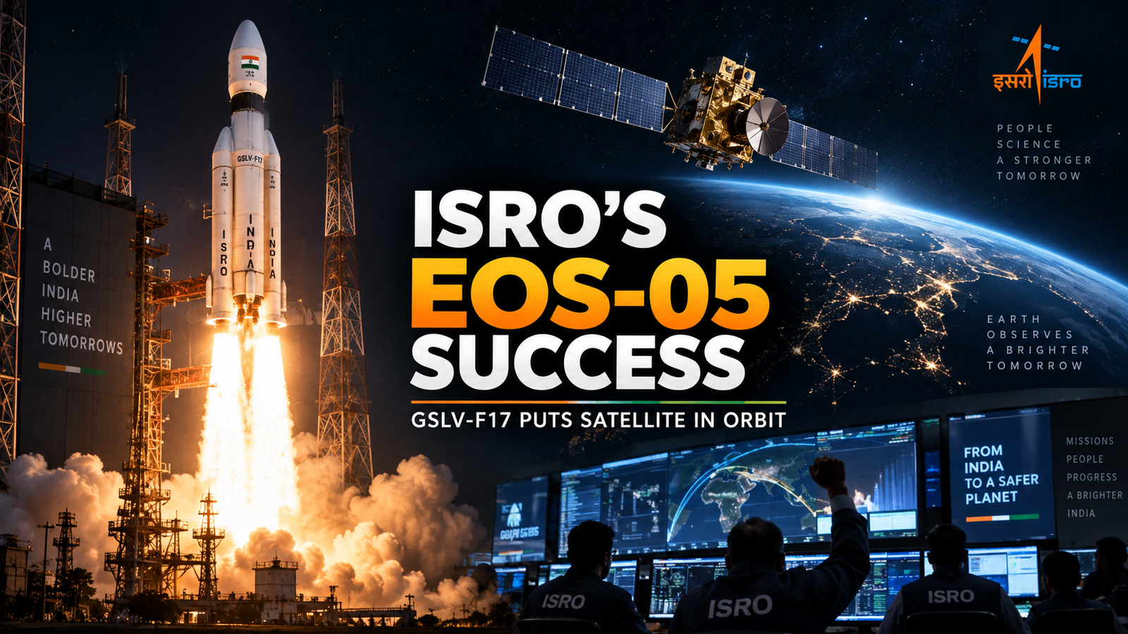 High-quality thumbnail showing ISRO GSLV-F17 launch and EOS-05 satellite in orbit