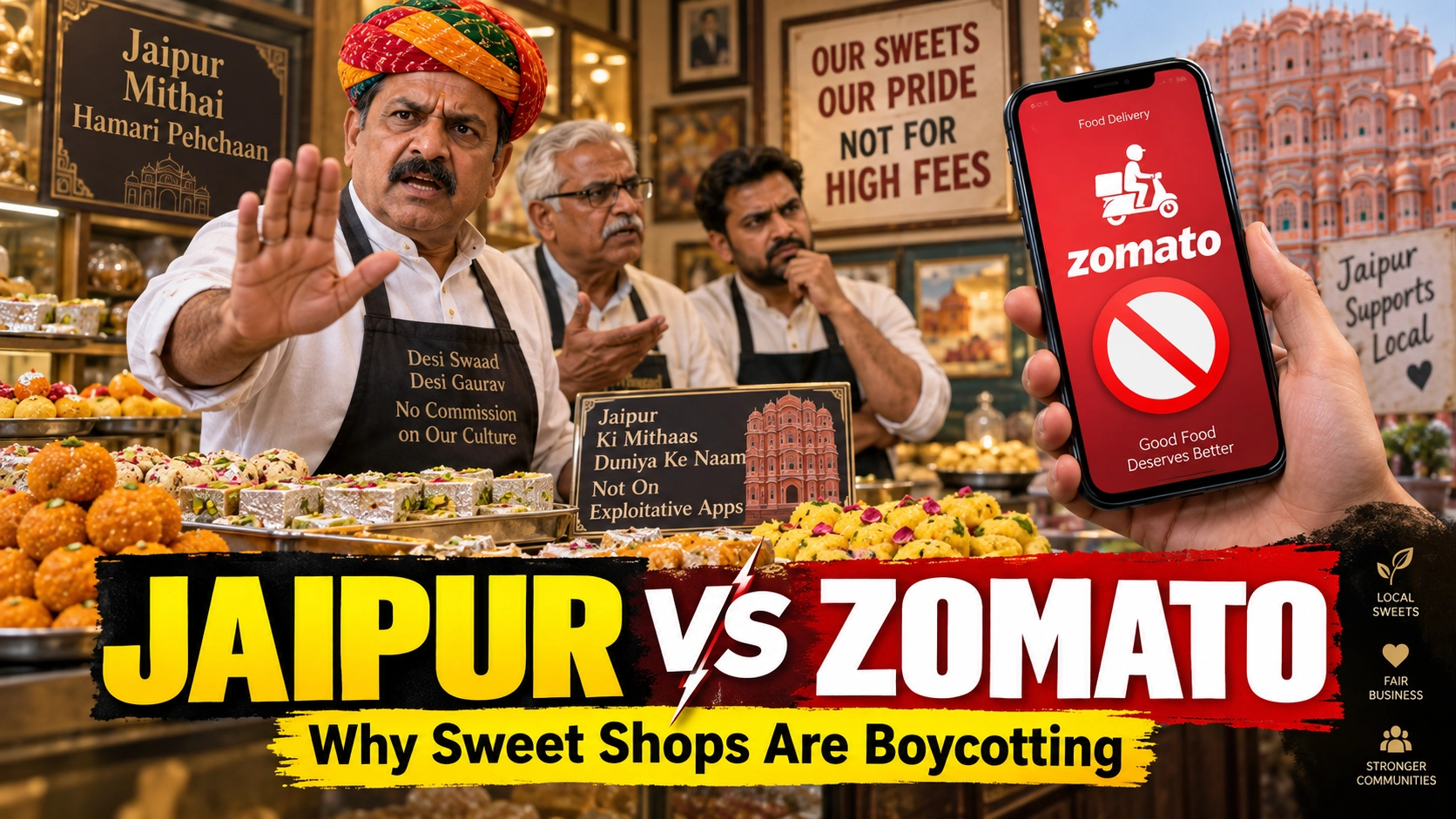 Bilibilii editorial graphic for: Around 60 Jaipur Sweet Shops Boycott Zomato: The Commission Fight Behind the Shutdown