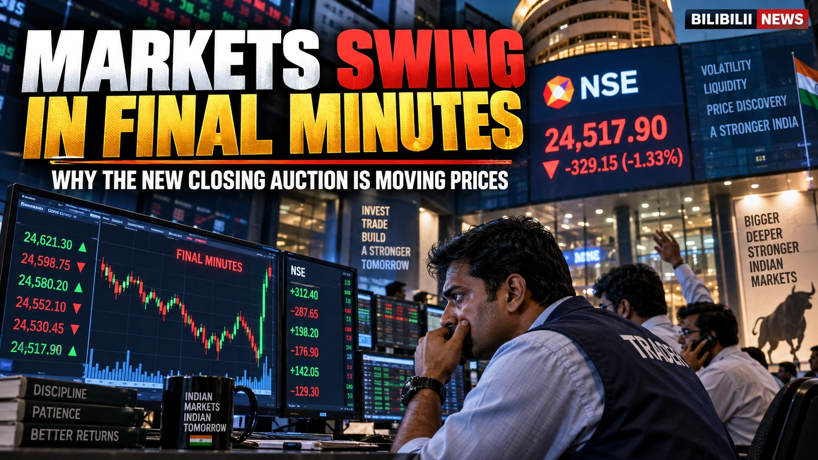 Bilibilii editorial thumbnail for Sensex and Nifty Whipsaw in the Final Minutes — Why India’s New Closing Auction Is Making Markets Jump