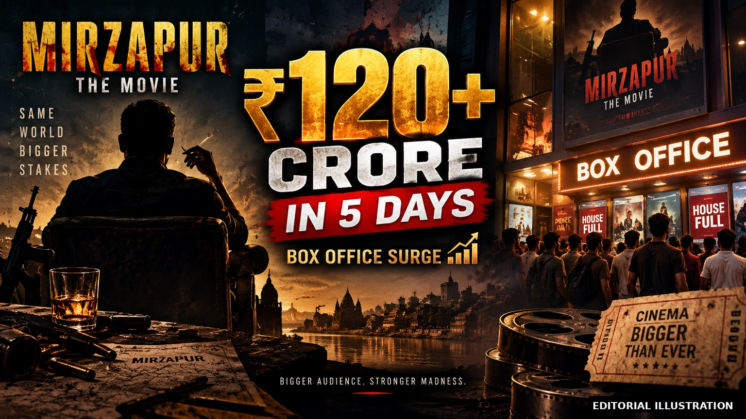 AI-generated editorial illustration for: Mirzapur: The Movie Crosses ₹120 Crore in Five Days — The Box Office Run Explained