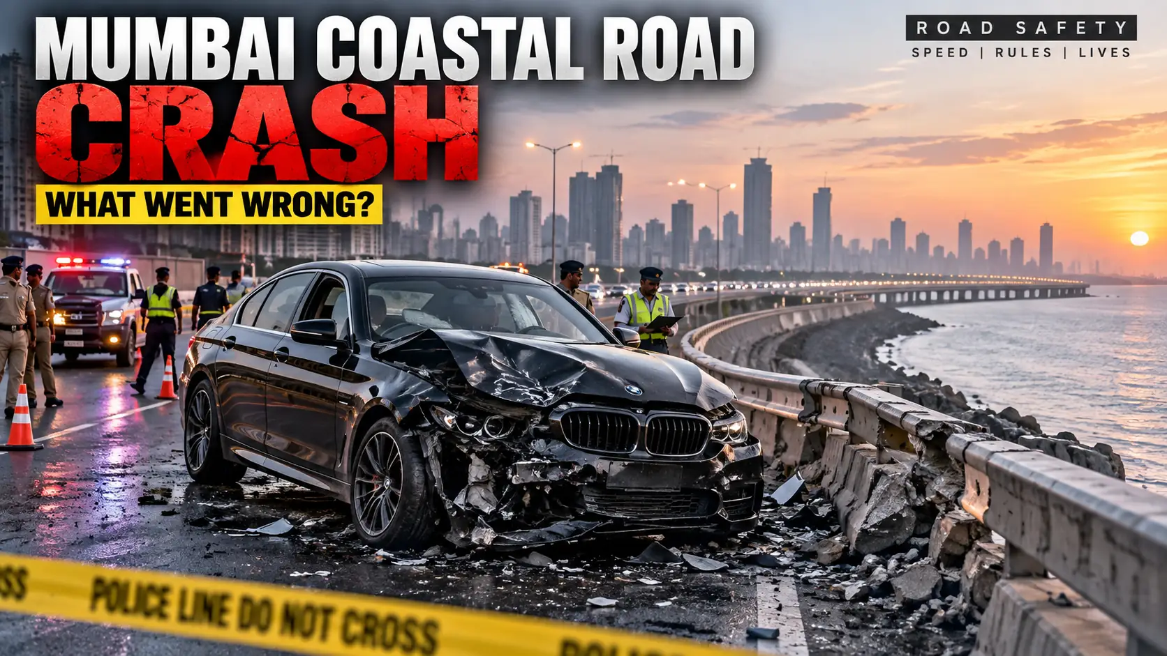 Mumbai Coastal Road crash investigation with damaged car and police at the scene