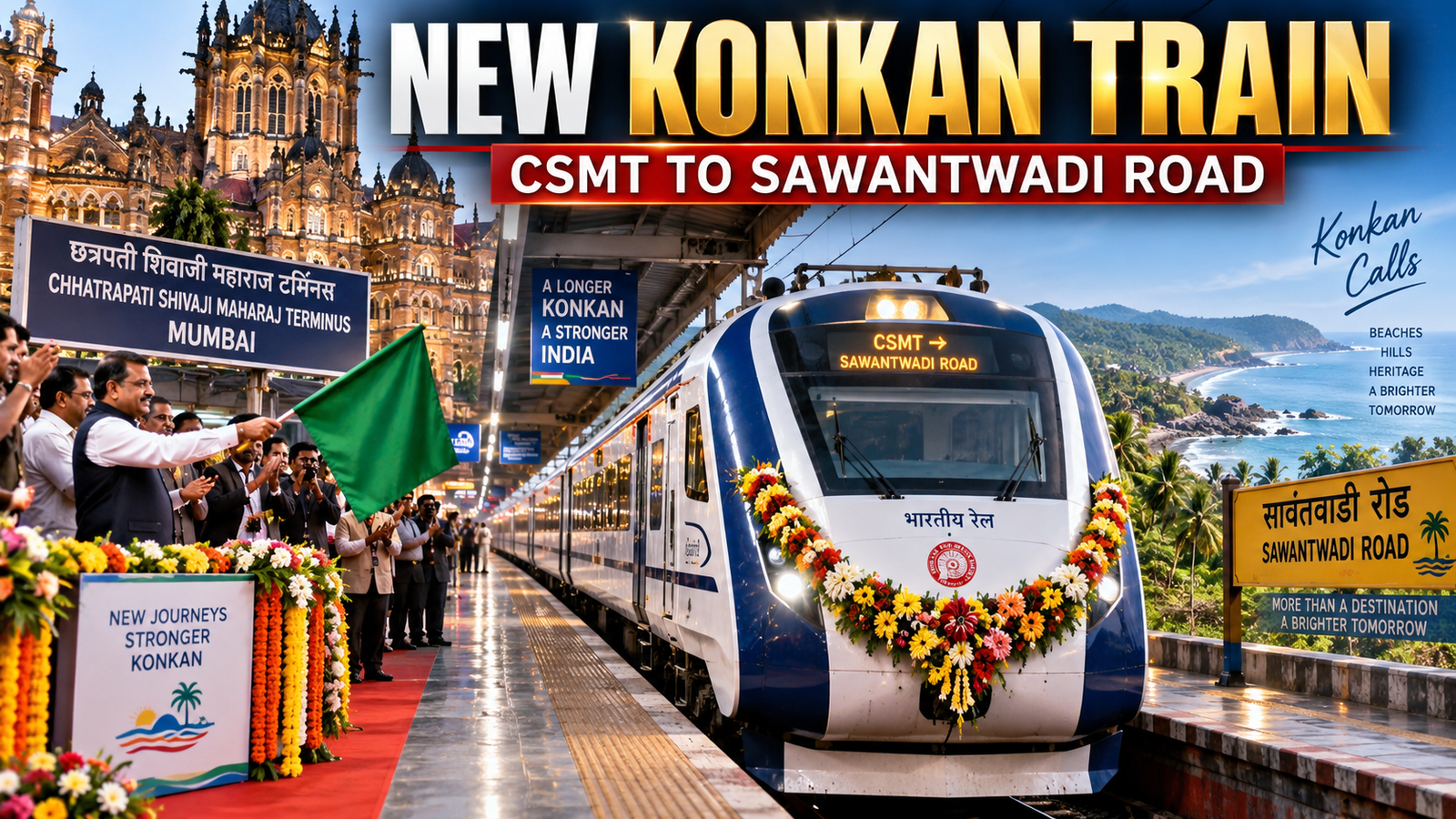 High-quality travel and rail thumbnail showing new Konkan train between CSMT and Sawantwadi Road