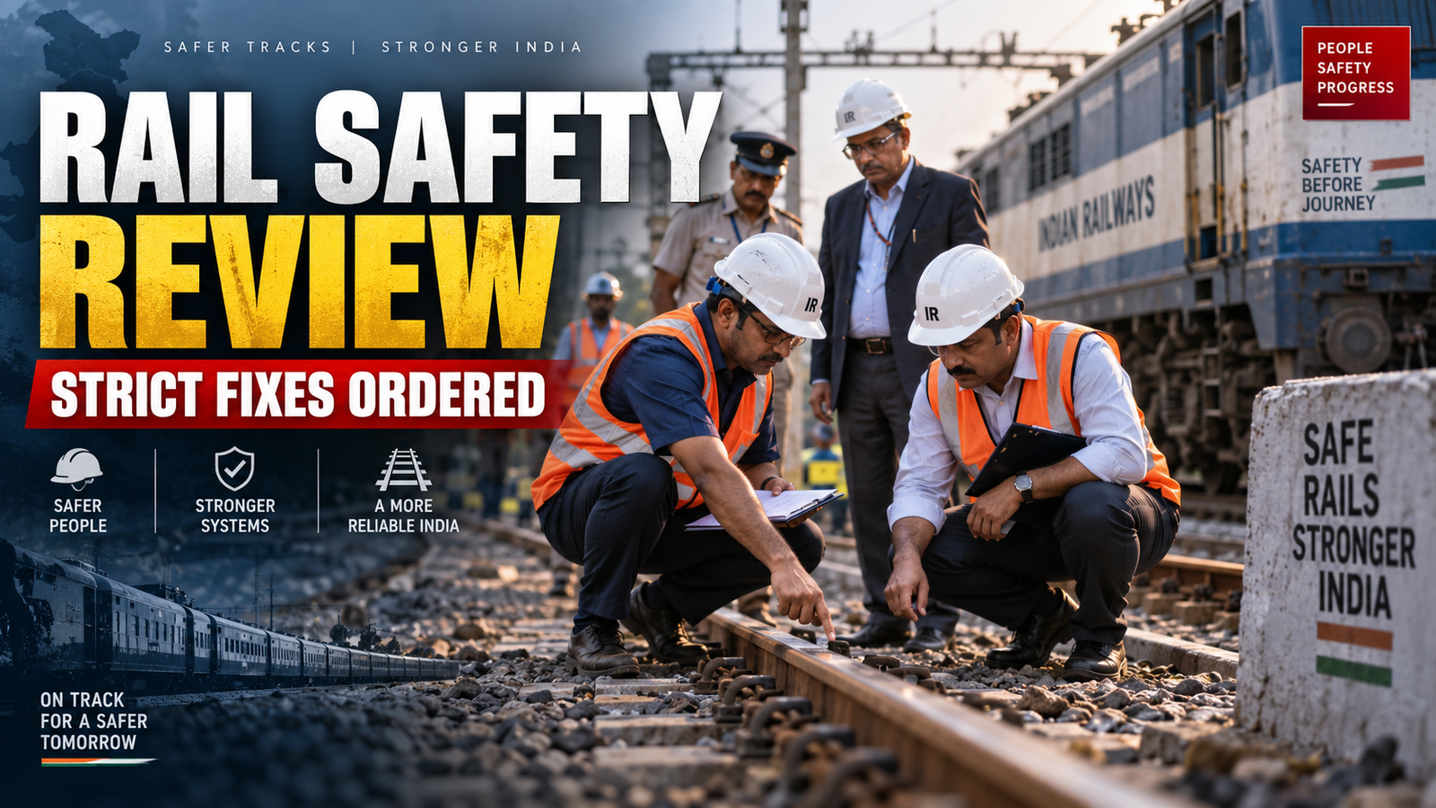 Editorial railway safety thumbnail showing track inspection and strict fixes ordered