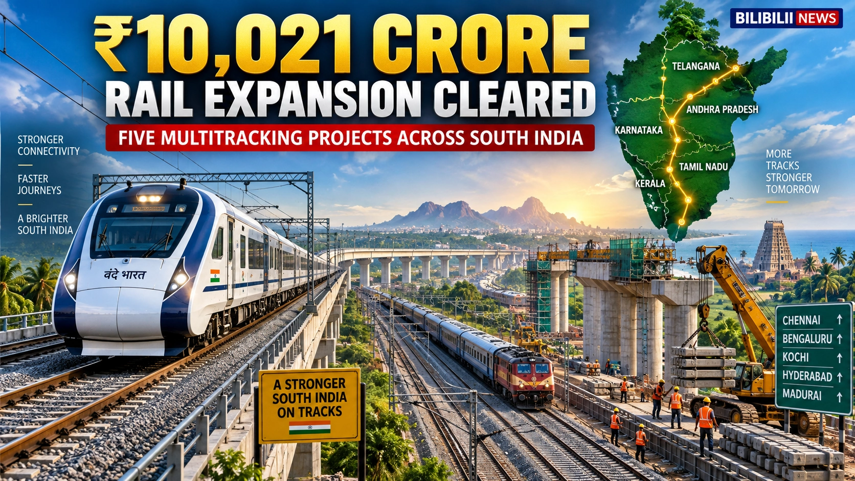 Bilibilii editorial thumbnail for Cabinet Clears ₹10,021 Crore Railway Expansion Across South India — The Five Routes Involved