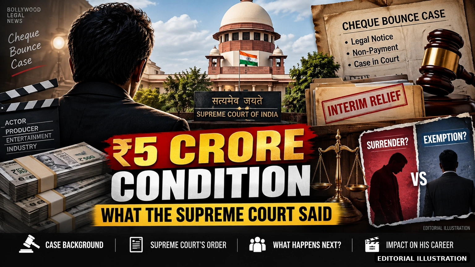 AI-generated editorial illustration for: Rajpal Yadav Gets Interim Relief — But Supreme Court Sets a ₹5 Crore Condition