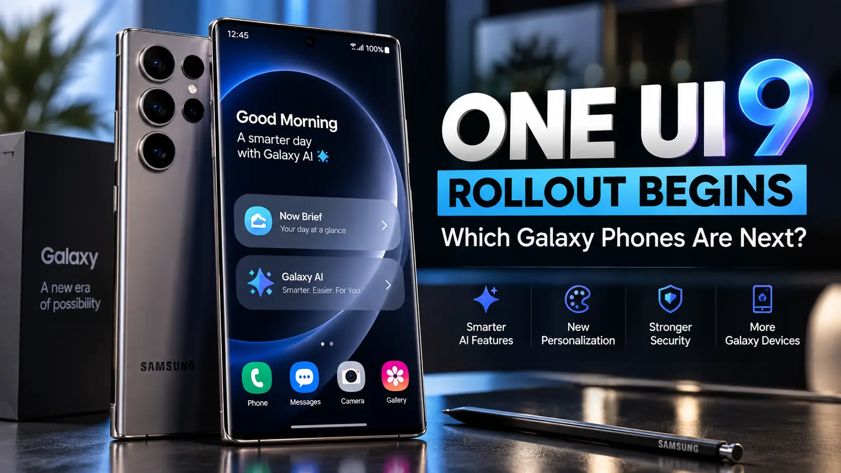 Samsung Galaxy smartphone showing the One UI 9 rollout and Galaxy AI features