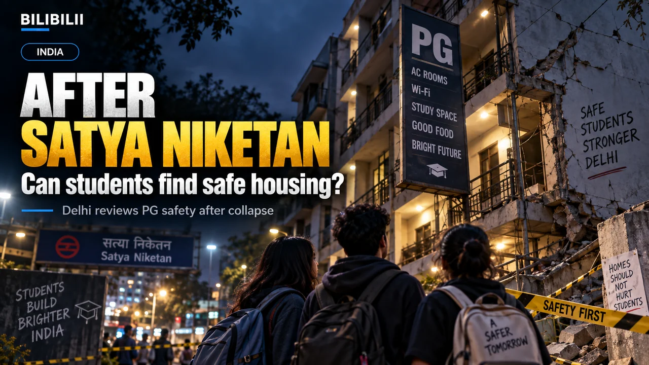Bilibilii editorial illustration for Seven Deaths in Satya Niketan Have Triggered a Bigger Question: Where Are Delhi’s Students Supposed to Live Safely?