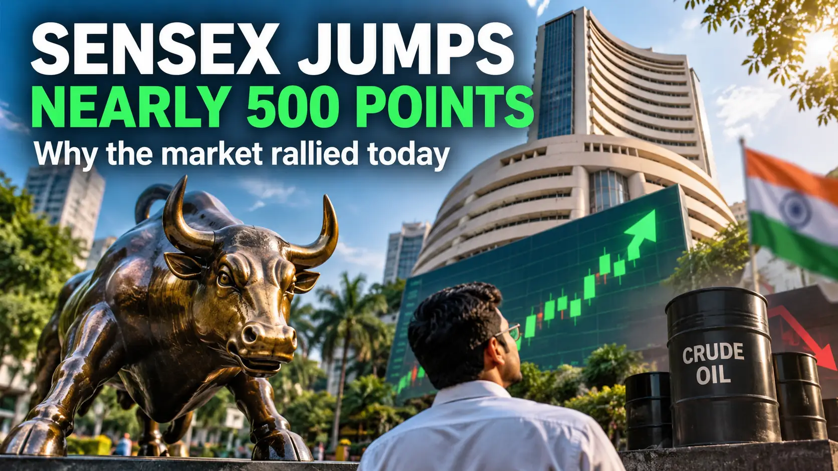 Sensex market rally with a charging bull, falling crude oil and rising Indian stocks