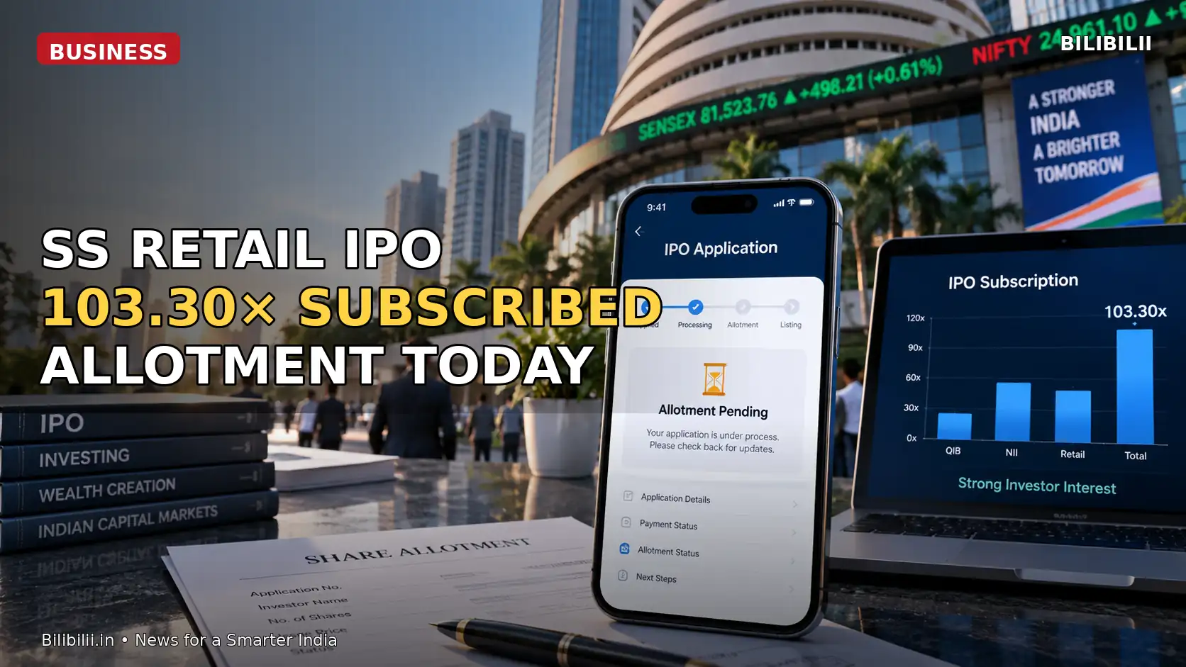 IPO allotment application screen beside Indian stock exchange and subscription chart