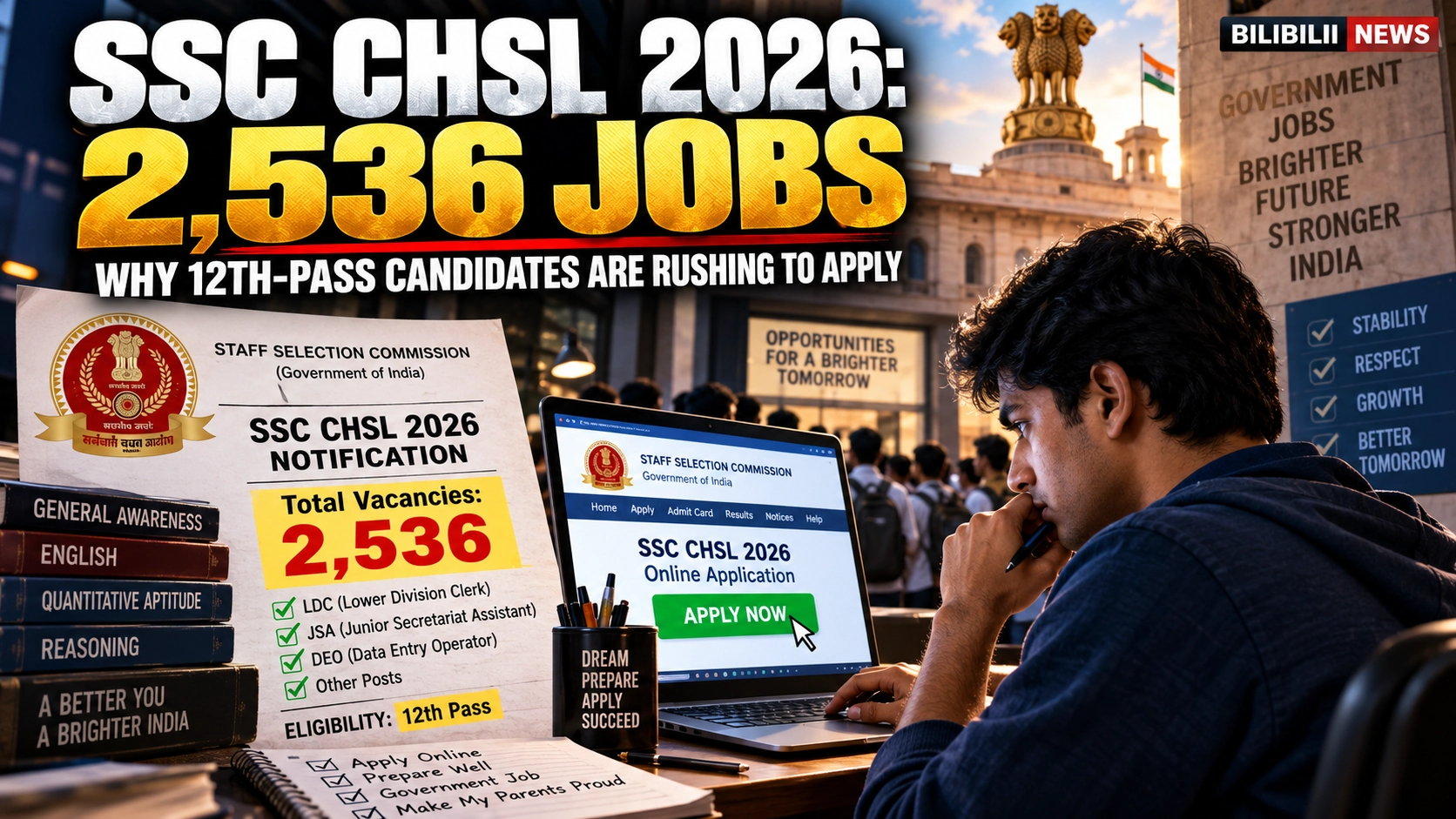 Bilibilii editorial thumbnail for SSC CHSL 2026 Offers 2,536 Vacancies — Why 12th-Pass Candidates Are Rushing to Check the Notice