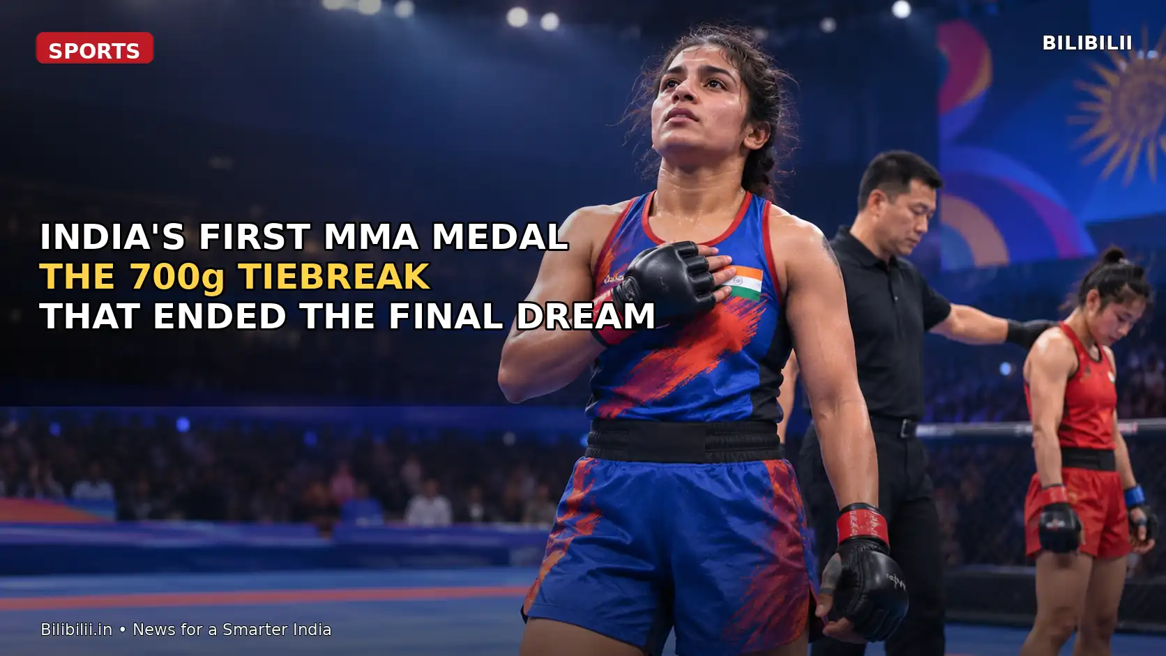 Indian female MMA athlete after a close Asian Games bout in a brightly lit arena