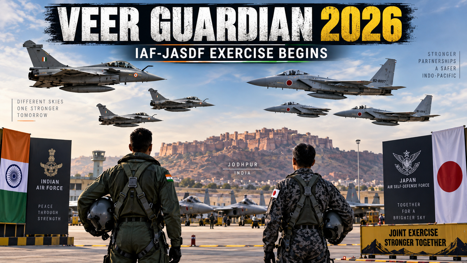 Premium defence thumbnail for Veer Guardian 2026 India-Japan air exercise
