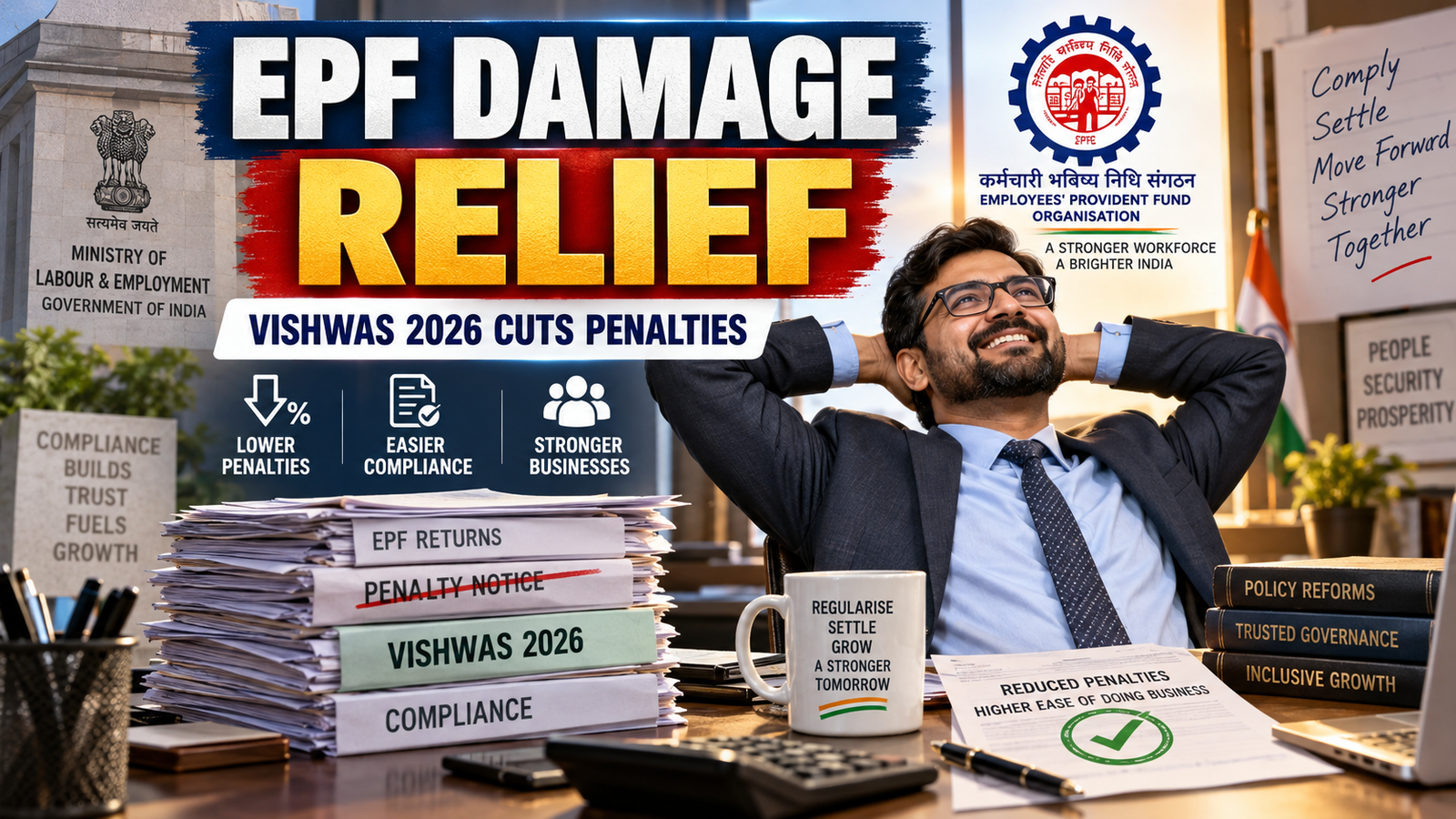 Premium editorial image about EPF damages relief under VISHWAS 2026