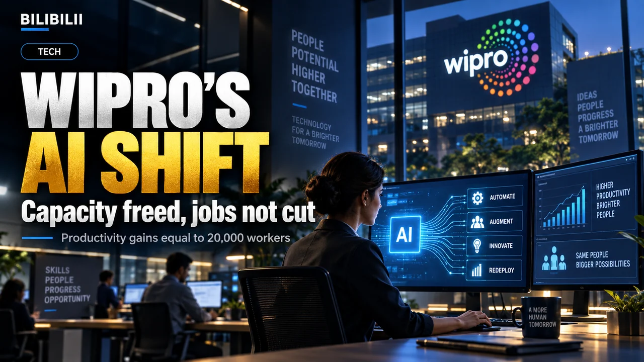 Bilibilii editorial illustration for Wipro Says AI Has Freed Capacity Equal to 20,000 Workers — But That Does Not Mean 20,000 Jobs Were Cut