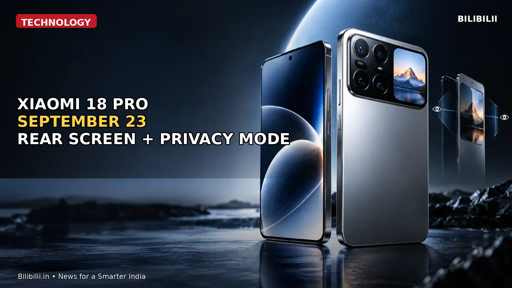 Premium flagship smartphone concept showing rear secondary display and privacy viewing technology